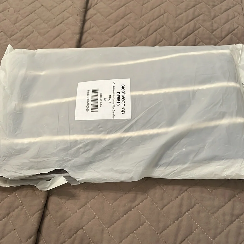 Creative Co-Op Grey/White Velvet Lumbar Pillow with Appliqué Stripes/NIP